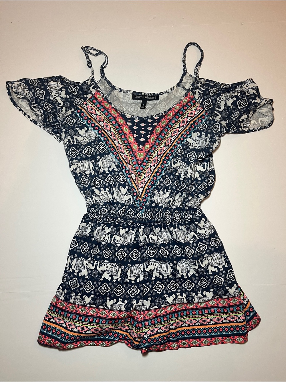 Elephant Print Cold-Shoulder Romper with Bright Tribal Accents